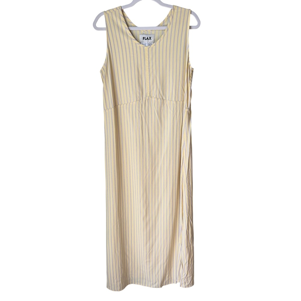 FLAX Dress Butter Yellow Blue Stripe Sleeveless Midi Maxi Rayon Lycra Size Small